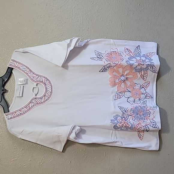 alfred dunner blouse short sleeve floral embroidered Size L pre-owned - Picture 1 of 7